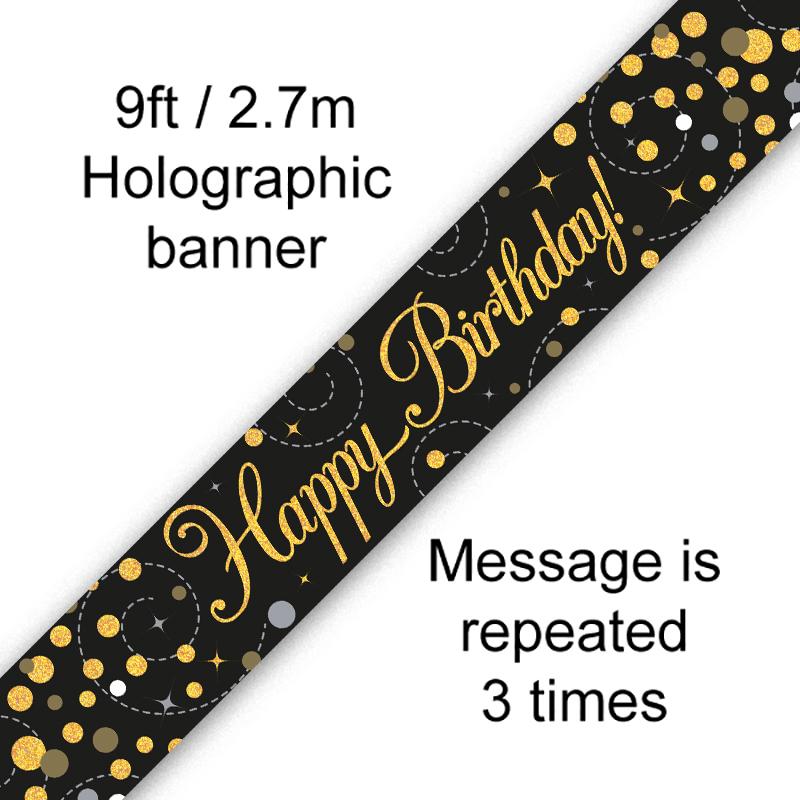 Banner Sparkling Fizz Happy Birthday Black & Gold Holographic