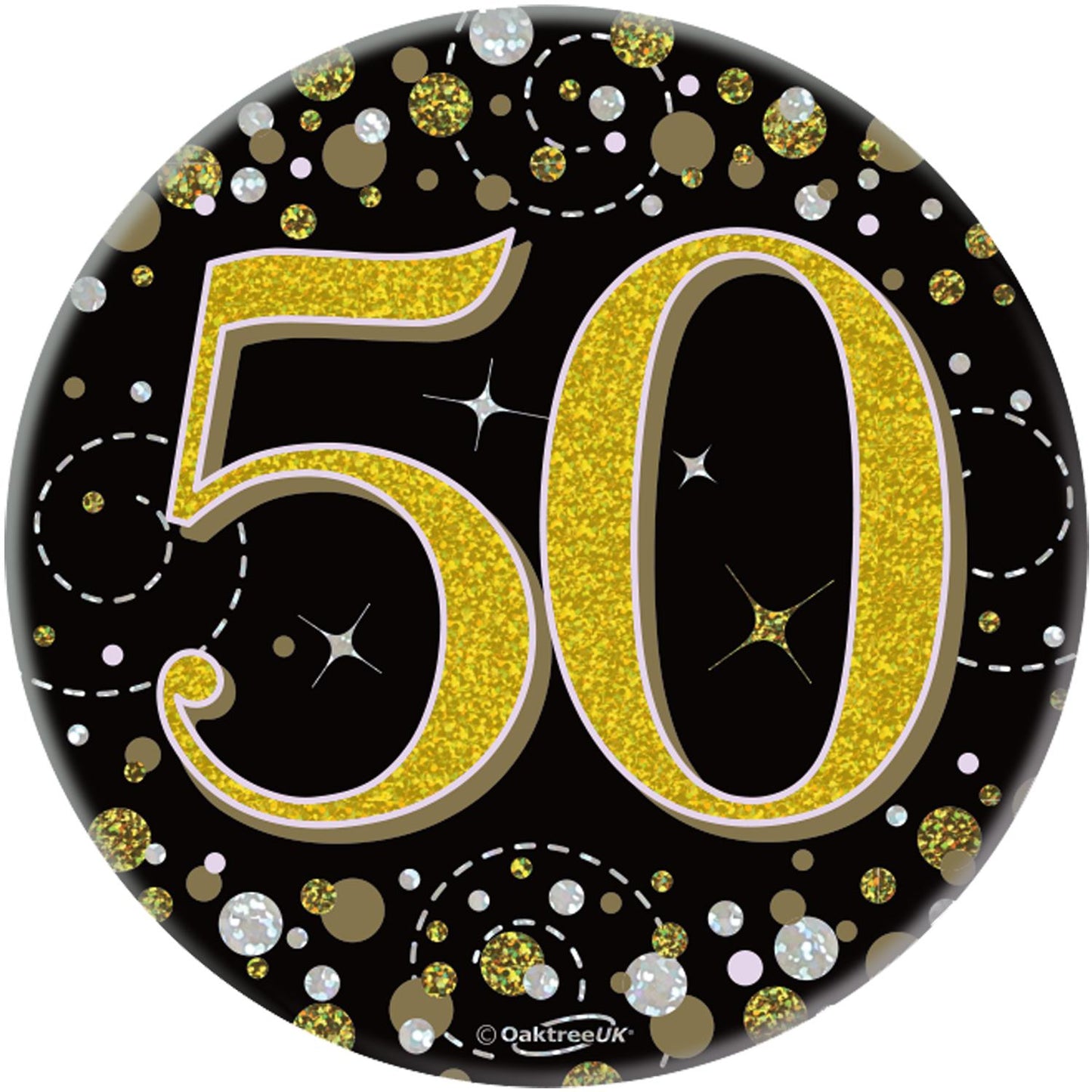 3inch Badge 50th Birthday Sparkling Fizz Black Gold Holographic