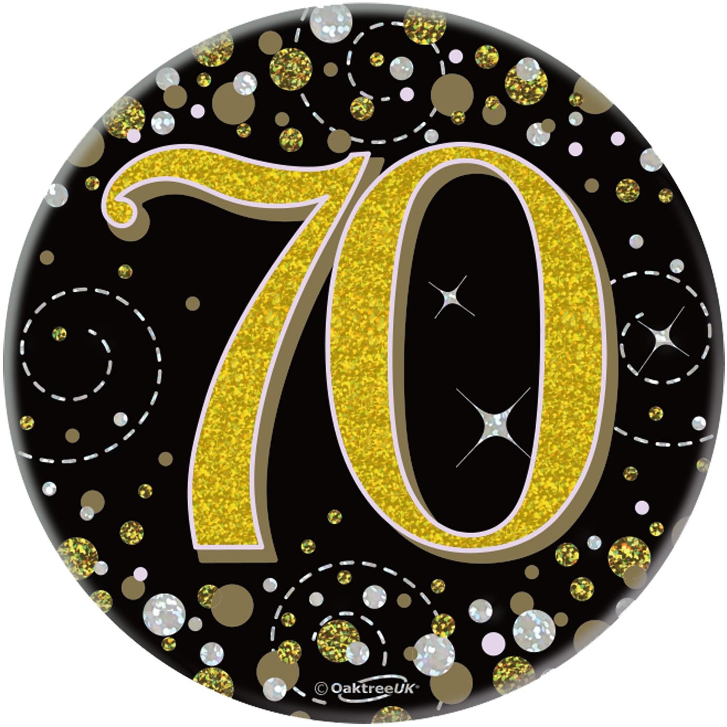 3inch Badge 70th Birthday Sparkling Fizz Black Gold Holographic