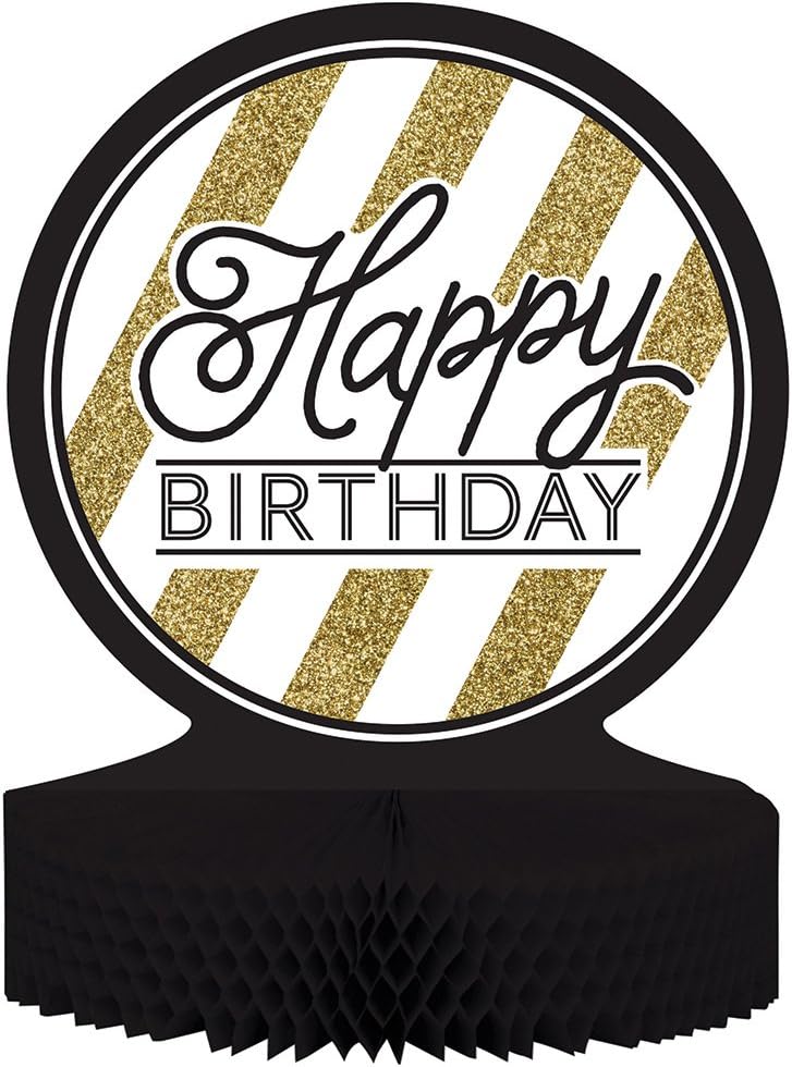 Festive Centerpiece Table Decoration, Happy Birthday, 12" x 9", Black & Gold