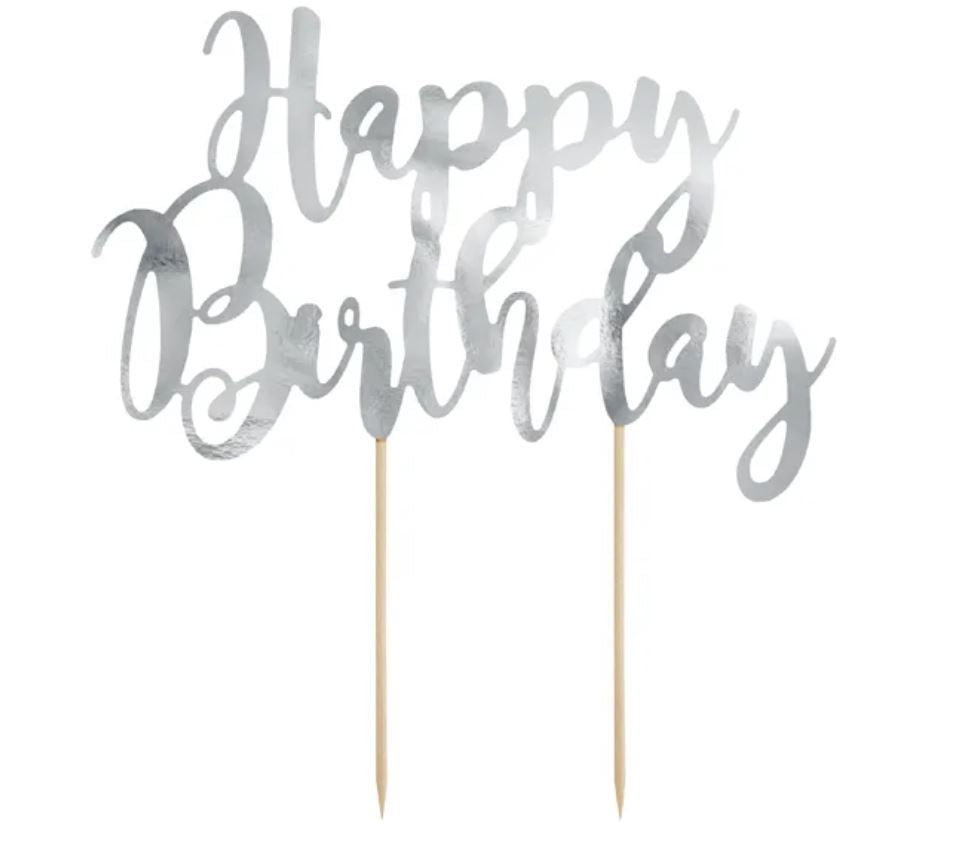Cake Topper Happy Birthday Silver 22.5cm