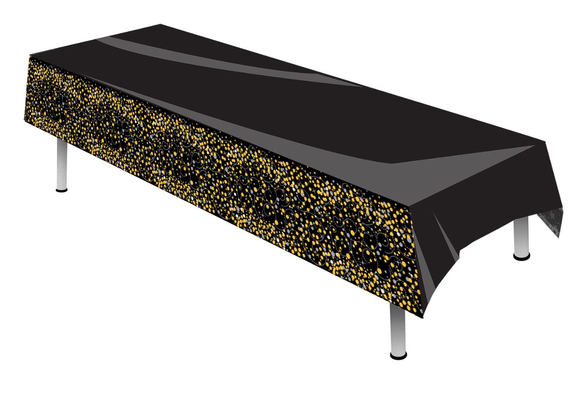 Sparkling Fizz Black & Gold Colourfast Plastic Table Cover